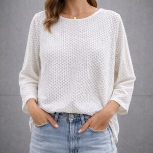 Eileen Fisher Top Women M White Honeycomb Texture Tencel Cotton 3/4 Sleeve Chic